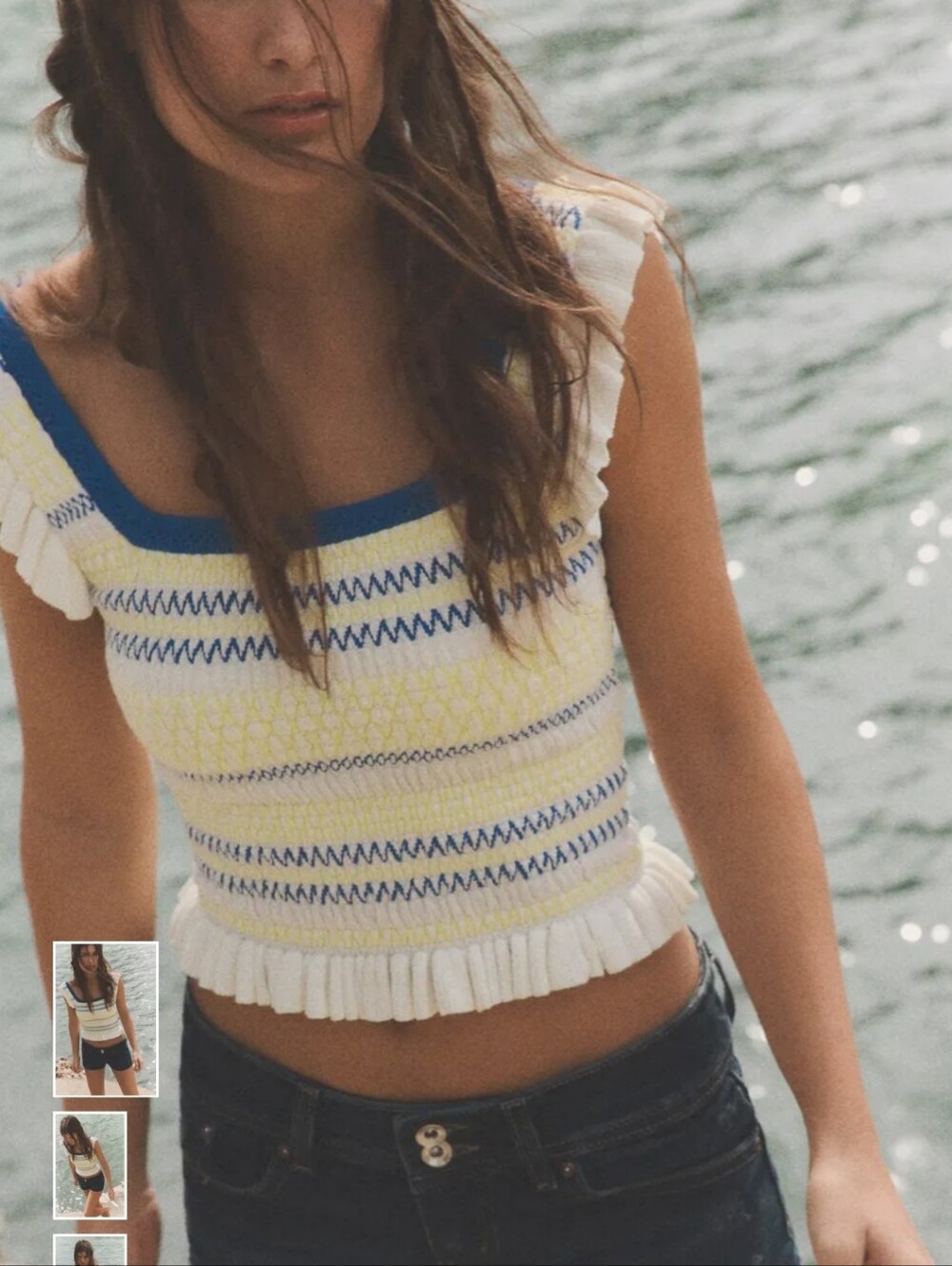 Blue and Cream Smocked Ruffle Tank Top - Women's Swim - Picture 5 of 11